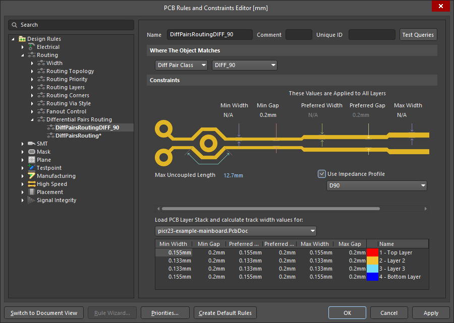 altium differential pair routing rule parameters