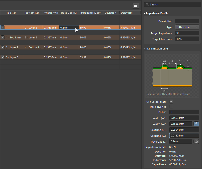 altium impedance profile step 4 trace gap and soldermask thickness