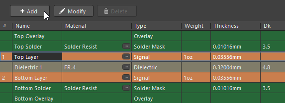 altium stackup step 1 top layer press add