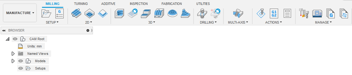 fusion 360 cam manufacture workspace toolbar