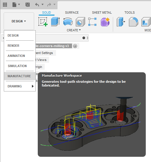 fusion 360 cam select manufacture workspace